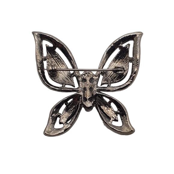 Dark Rhinestone Butterfly Brooch Pink Green Crystal Insect Vintage Pin Gunmetal - Picture 7 of 7